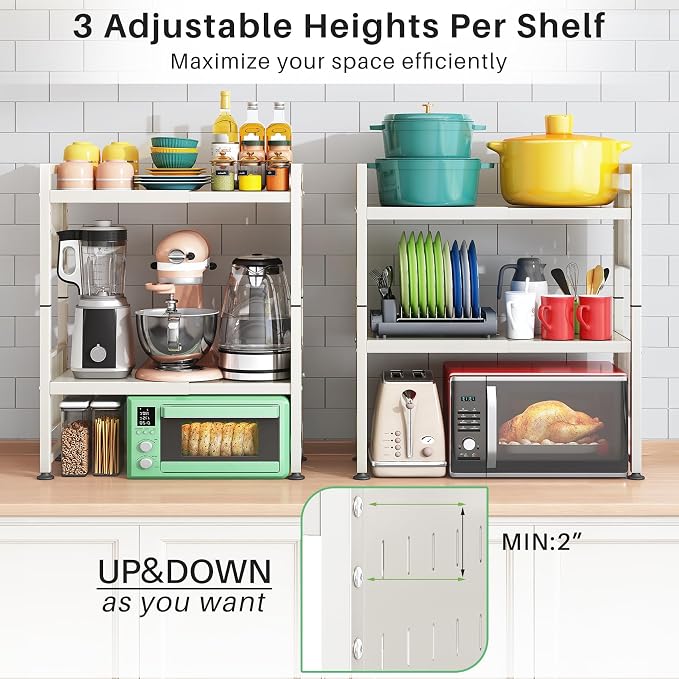Microwave Stand, 3-Tier Expandable(17.4"-27.4") Microwave Oven Rack, Heavy Duty Adjustable Shelf with 9 hooks, Kitchen Organizer Storage Shelves for Pantry, Countertop, Coffee Bar, Office, Dorm, White