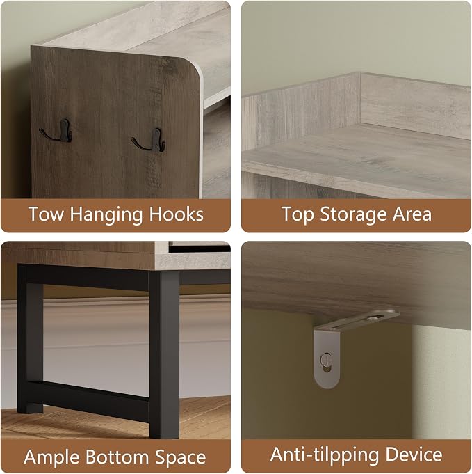 Shoe Cabinet with 2 Flip Drawers, Freestanding Hidden Shoe Storage Organizer for Entryway, Narrow Slim Shoe Rack Cabinet with Open Storage & Hooks for Front Door Entrance, Living Room, Hallway, Grey