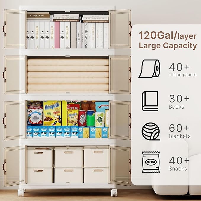 480QT Extra Large Stackable Storage Bins with Lids & Wheels & Door, 120Gal Foldable Collapsible Closet Organizers, Plastic containers drawers for bedroom Dorm