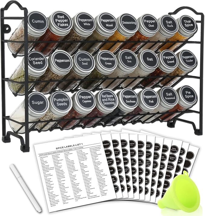 SWOMMOLY 3 Tier Spice Rack Organizer with 24 Empty Round Spice Jars, 396 Spice Labels, Funnel and Chalk Marker Complete Set, Black | Chalk Marker, Funnel Set for Cabinet, Countertop, Pantry, Cupboard or Door & Wall Mount - 24 Jars, 14.8" W × 9.8" H, Black