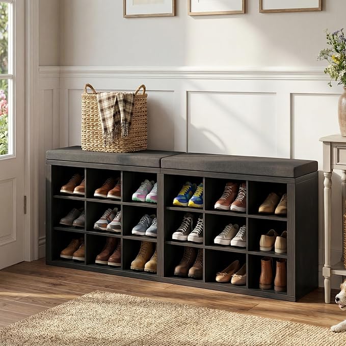 ITEFDTUTNE Shoe Rack Bench, 18 Cubbies Shoe Storage Bench with Cushion, 59" | Entryway Bench with Shoe Storage, Widened Organizer Cabinet for Entryway Hallway Bedroom Living Room, Holds Up to 400lbs