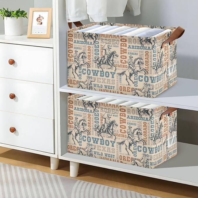 Western Cowboy Horses Retro Vintage 70s 80s Storage Bins for Shelves with Labels&Handles Fabric Organizer Bin Foldable Rectangle Storage Basket Boxes for Closet, Bathroom, Home, Living Room
