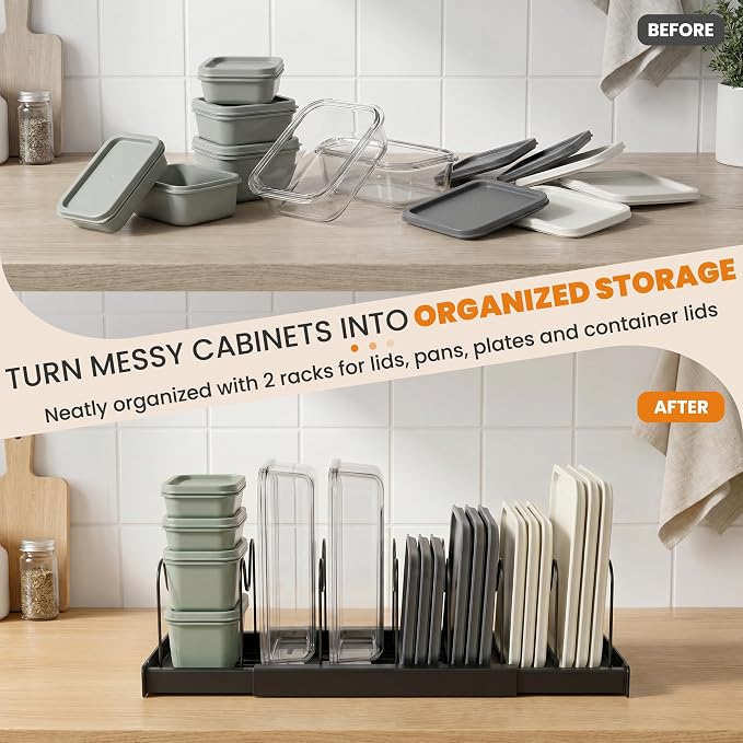2 Pack Expandable Pot Lid Organizers with 10 Adjustable Dividers | 12.6-22.4 Inch Pots and Pans Organizer Rack Under Cabinet, Countertop, Pan Lids, Bakeware, Food Container Lids, Black