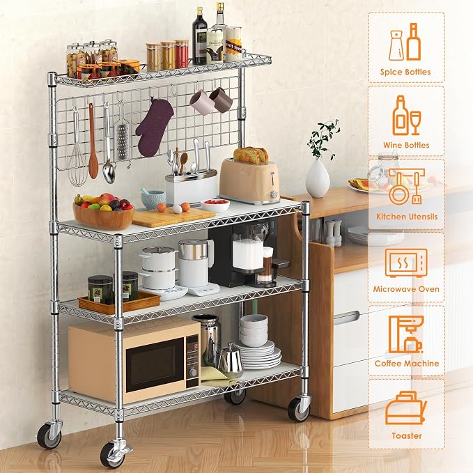 Bakers Rack with Storage & Wheels, 42In Microwave Stand Kitchen Shelves | 4-Tier Heavy Duty Storage Rack with 20 S-Hooks, Commercial Metal Utility Kitchen Cart, 42× 18× 63 Inch, Chrome