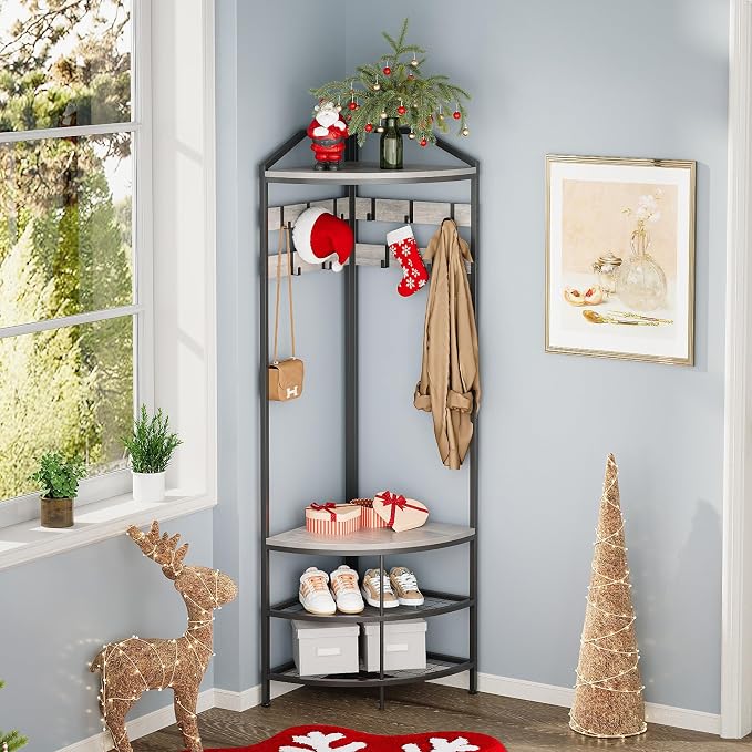 GiftGo Grey Corner Hall Tree with Shoe Bench Entryway Coat Rack with 10 Metal Movable Hooks Rustic Farmhouse Floorstanding Clothes Rack Shoes Shelf Organizer for Home Office Bedroom (Greige)
