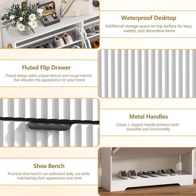 HUANLEGO Shoe Cabinet Storage for Entryway with 2 Flip Drawers, White Fluted Shoe Cabinet with Open Storage, Wooden Hidden Shoe Rack Freestanding Narrow Slim Shoes Organizer for Hallway, Entrance