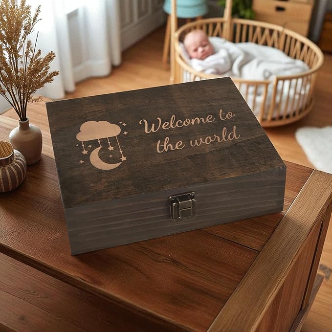 Engraved Baby Memory Box – Wooden Keepsake Box for Newborn Milestones, First Tooth, Hospital Bracelet – Medium Size – Dark Walnut Finish – 8.5 x 6 x 3 in