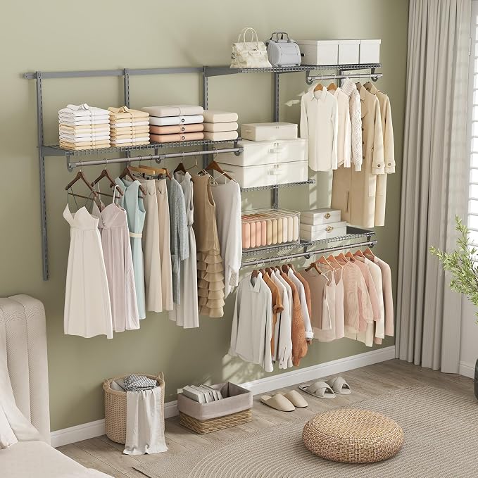 Giantex Closet Organizer System, 4-8 FT Wall-Mounted Closet Shelves and Rod, Adjustable Closet Organization w/ Hanging Rod, DIY Expandable Modular Metal Wire Shelving for Laundry Bedroom (Grey)