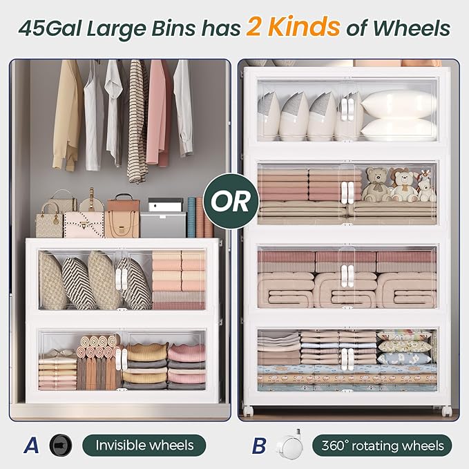 135Gal Stackable Storage Bins with Lid, 540Qt Extra Large Collapsible Storage Box with Doors and Wheels, Plastic Closet Organizer and Storage Cabinet Drawer for Home Kitchen, 3Pack White