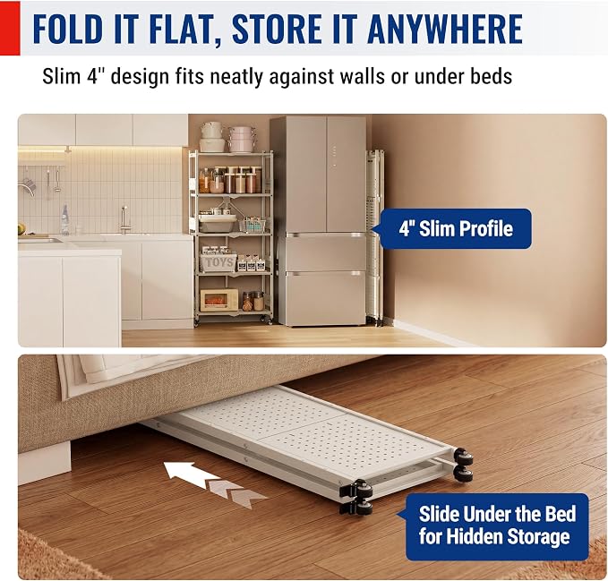 WORKPRO 5-Tier Folding Shelf, No-Assembly Metal Storage Rack with Wheels, 750 lbs Capacity (with Leveling Feet), Collapsible Shelving Unit for Kitchen, Pantry, Closet & Craft Shows - White