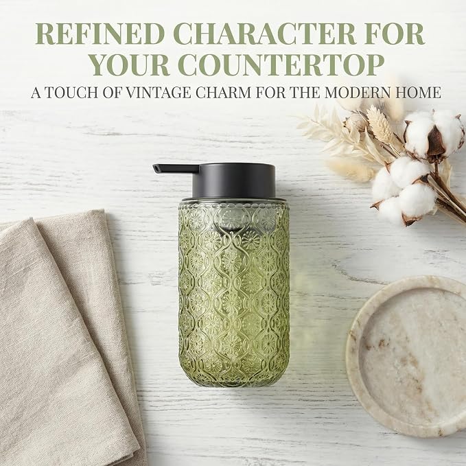 Green Glass Liquid Hand Soap Dispenser with Matte Black Pump Thick Embossed Bottle Refillable for Bathroom and Kitchen Decor 13.5 oz