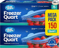 Quart Freezer Bags - Double Zipper Seal -150 Count, (2 Packs of 75) Resealable Plastic Freezer Containers - Reusable Pouches for Food Storage, Meat, Fresh Vegetables, Fruit - Microwave-Safe, BPA Free
