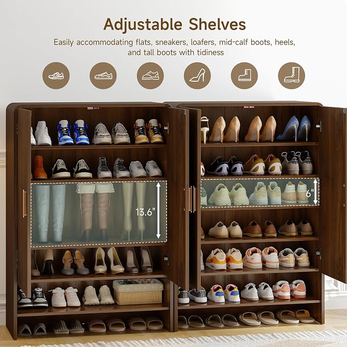ONBRILL 6-Tier Shoe Storage Cabinet, 45'' Large Farmhouse Shoe Cabinet for Entryway, Modern Wooden Shoe Rack Organizer with Doors and Shelves, for Front Door Hallway (Walnut)
