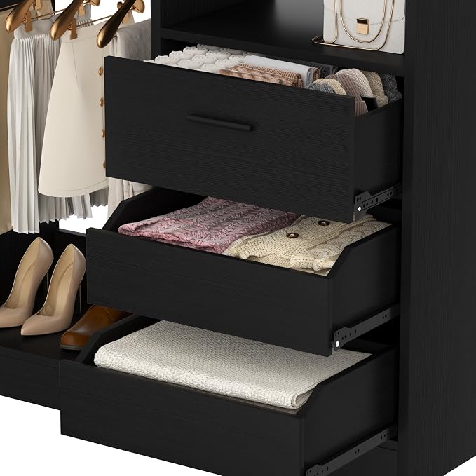 36 Inches Modular Closet Drawers System with Long Hanging Rods, 3FT Wood Closet Organiser with 3 Drawers, Walk-in Freestanding Wardrobe Storage Cabinet with 4 Shelves, Black (36"L x 15" W x 80" H)