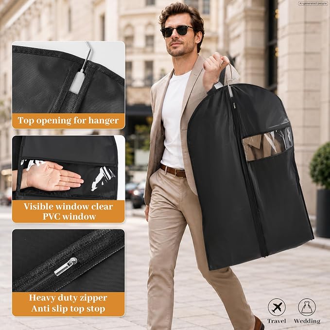 Lzerking 6-Pack Garment Bags for Dresses & Gowns 65” x 23” Suit Bag for Closet Storage, Black Hanging Clothes Cover with Handles for Travel, Waterproof, Dust-Proof