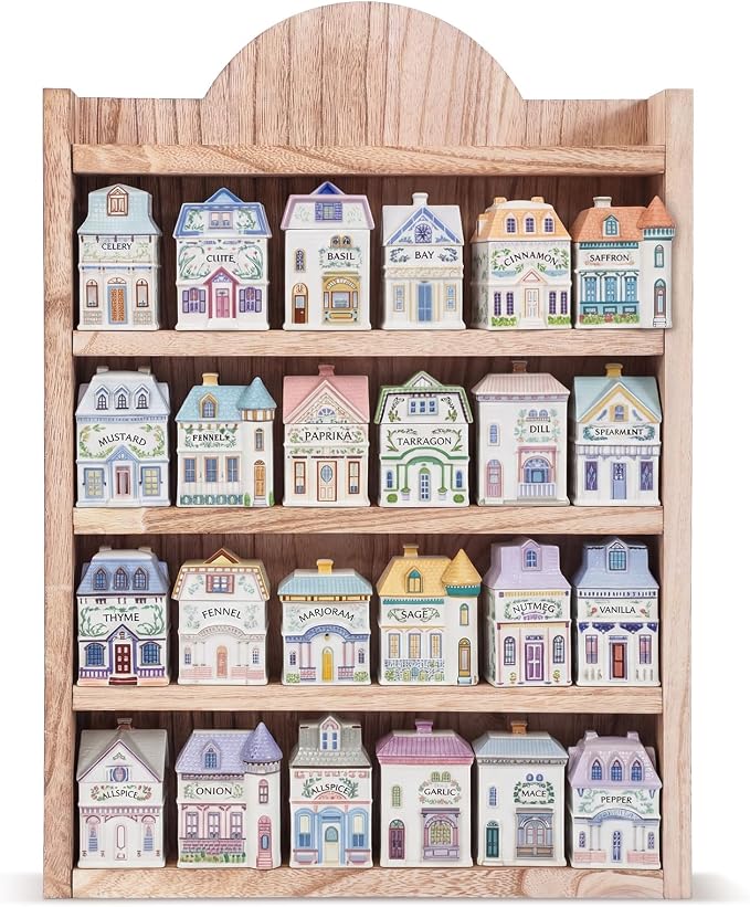 Chunful Vintage Spice Jar Wooden Rack Light Oak Farmhouse Spice Shelf for 24 Jars, Village Style Wall Mounting Kitchen Storage Decorative Hanging Display Rack, Shelf Only