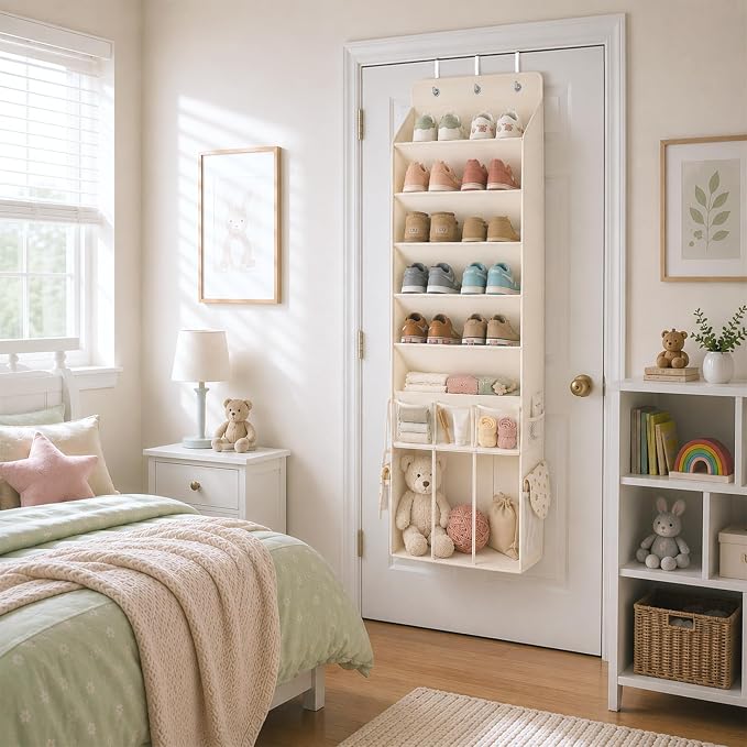 3in1 Over The Door Shoe Organizer with 5 Slanted Compartments,Removable Storage Bin & Transparent Pockets,Thickened Waterproof Oxford Fabric Shoes Rack for Shoes,Boots,Toys,Daily Essentials. (Beige)