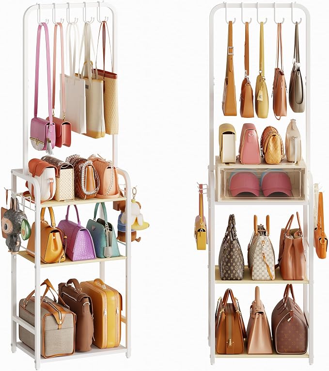 Tall Purse Organizer for Closet with 5 Purse Hanger & 6 Side Hooks, 4 Tier Floor-Standing Purse Rack Stand for Purse Storage, Narrow & High-Capacity Handbag Organizer, Backpack Storage for Small Place