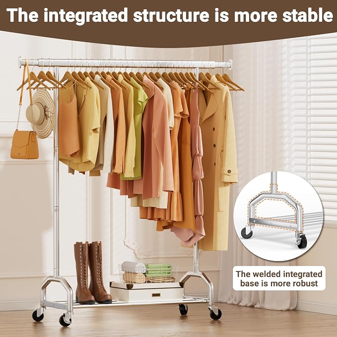 Heavy Duty Rolling Clothing Rack, 450 lbs Capacity Metal Clothes Rack with Wheels, 65" Tall Freestanding Hanging Rack for Bedroom, Laundry Room, Retail Display, Chrome