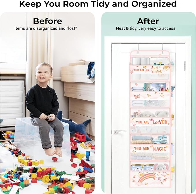 Clastyle Over the Door Organizer Diaper Toy Nursery Hanging Shelf, Rainbow | Cloud Butterfly, 5-Tier Clear Window Mesh Pocket 44 lbs Weight Capacity, Behind Door Storage, Bedroom Bathroom Closet Pantry