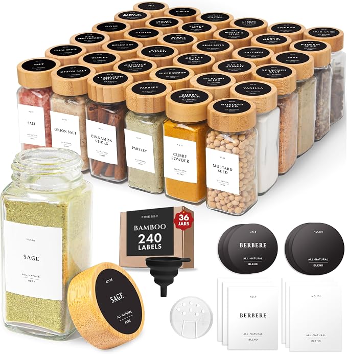FINESSY Glass Spice Jars with Label with Bamboo Lids 36 Pack Set, 4oz Empty Clear Glass Spice Bottles with Shaker Lids, Airtight Kitchen Seasoning Organizer Jars, Herb Seasoning Containers with Labels