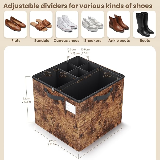 Varhomax Shoe Organizer Box for Closet, Fabric Shoe Storage Bin with Adjustable Dividers & Clear Cover, Holds up 16-32 Pairs of Sneakers & Sandals for Entryway, Cubby (Rust Brown)