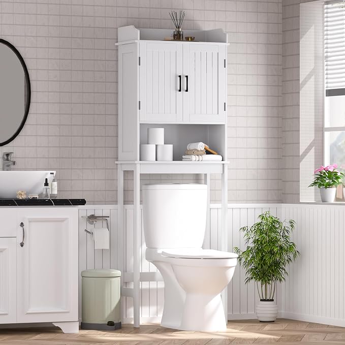 Yardenaler Over-The-Toilet Storage Shelf with Doors, Bathroom Freestanding Space Saver Organizer with Adjustable Shelf, White