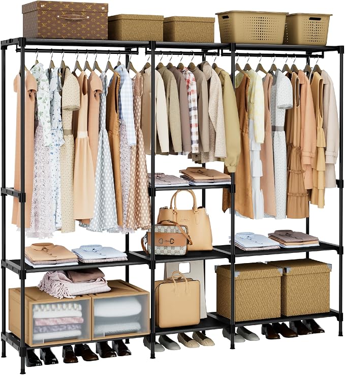 CASAMAYA Clothes Rack, Portable Closet, 71.7 Inch Large Capacity Wardrobe Closet, Clothes Storage Organizer with Shelves and 3 Hanging Rods, Easy to Assembly, Black PCT035B01