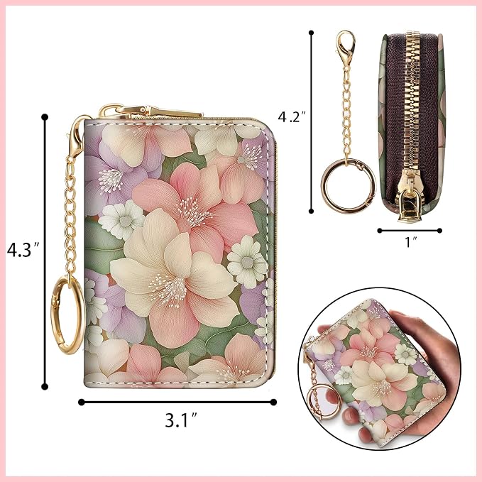 Blusabaca RFID Credit Card Holder Small Women Travel Wallet, Flower Floral | Removable Keychain, Case with Zipper, Vegan PU Leather, Cash Coin Pocket, Business Accordion Purse, Ladies Female Gift