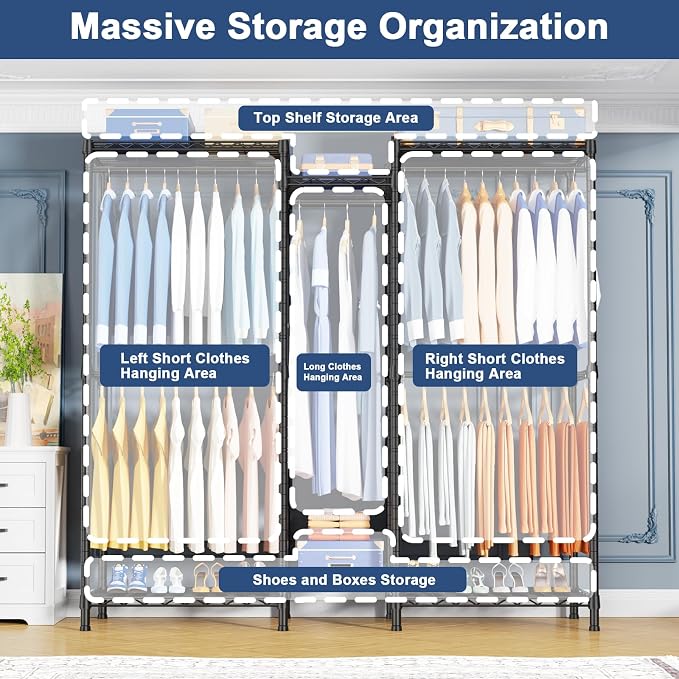Ulif E12 Clothes Rack，Heavy Duty Freestanding Garment Rack with Shelves，Metal Clothing Closet Storage System for Hanging Clothes，57.1" W x 16" D x 76.5" H, Hold 860 lbs，Black