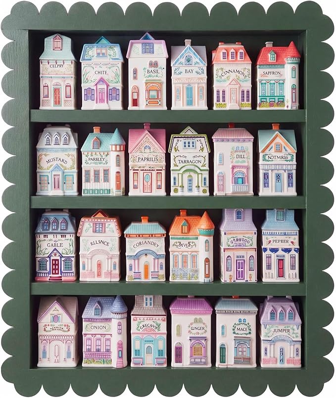 Chunful Spice Jar Wooden Rack Dark Green Scalloped Spice Shelf for 24 Jars, Village Style Wall Mounting Kitchen Storage Decorative Hanging Display Rack, Shelf Only