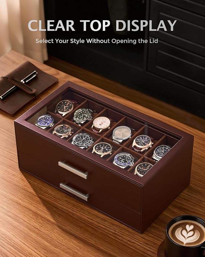 ProCase 12-Slot Watch Case for Men, 2-Tier Pull-Out Drawers Box -Espresso | Fathers Day Gift for Dad Men with Display Clear Top Lid, Jewelry Sunglasses Storage Organizer, Anniversary Birthday Gifts