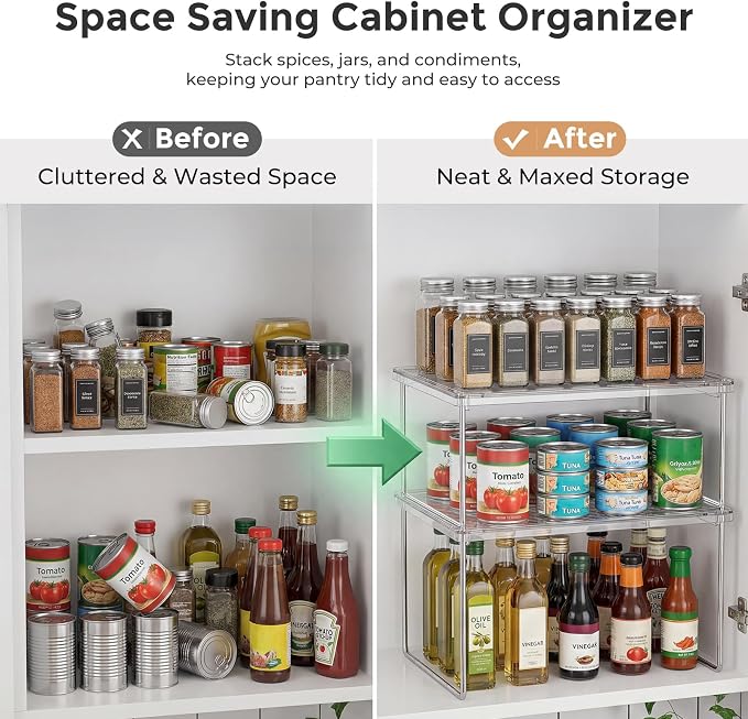 2-Pack Clear Cabinet Organizer Shelves, Stackable Kitchen Cabinet Shelf Risers and Foldable Pantry Shelf Risers for Cupboards and Spices