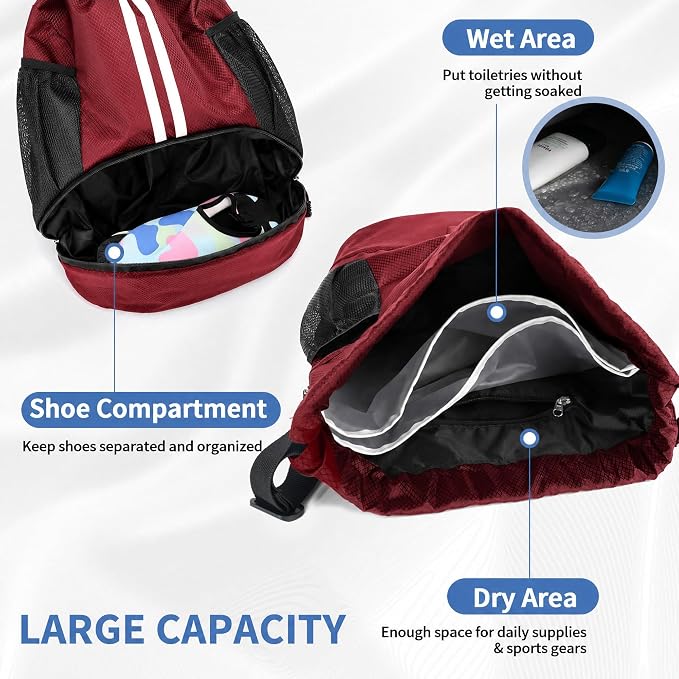 JELUTAR Drawstring Backpack Gym Bag with Shoes Compartment, Burgundy | Water-Resistant String Backpack for Soccer, Basketball, Swim, Beach Cinch for Women Men,18 L Large Capacity, Wet Pocket