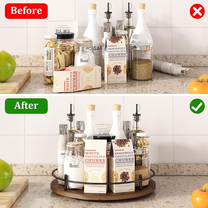 12" Lazy Susan Turntable Organizer,Round Wooden Lazy Susan Organization and Rotating Spice Rack for Dining Table,Pantry,Kitchen Countertop,Vanity,Cupboard and More.Vintage Wood(Round)
