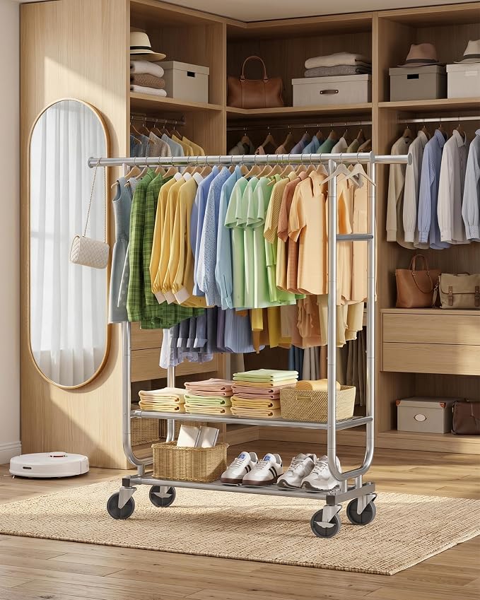 Sakugi Double-Rod Garment Rack 2-Tier 42.5x16.9x65.2 Silver with Wheels | Bedroom, Closet, Laundry Room, Heavy Duty, Stainless Steel
