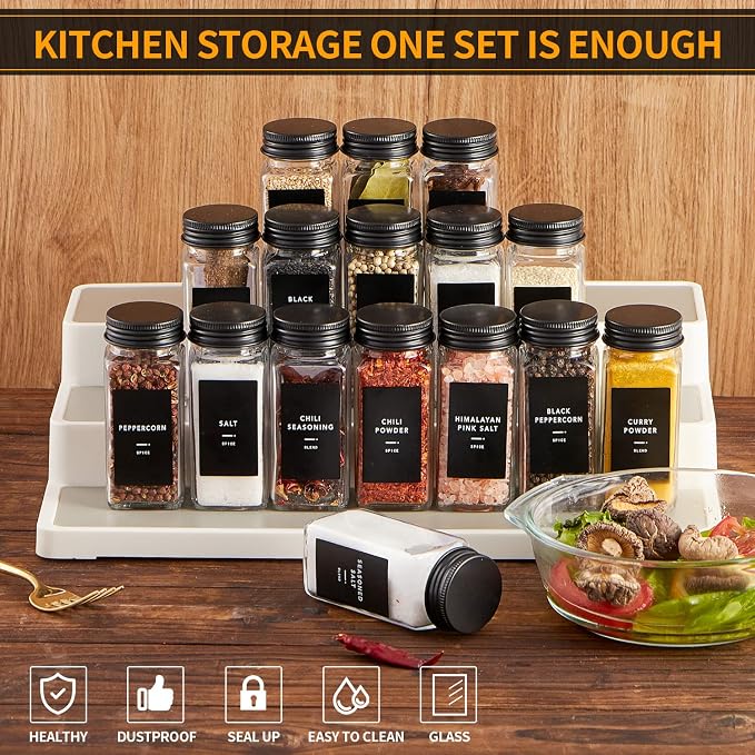 Skiileor 36 Pcs Spice Jars with Label- Glass Spice Jars with Black Metal Caps,Shaker Lids, Funnel, Chalk Pen, 4oz Seasoning Containers Bottles for Spice Rack, Cabinet, Drawer