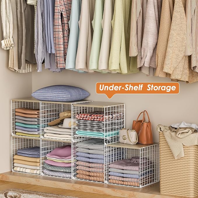 Hencawima 5PCS Stackable Closet Organizers and Storage, Closet Shelves with Wood Top Extra Storage, Clothes Storage Organizer Basket Bin/Cube for Home Wardrobe Organization(White-Sturdy Metal)