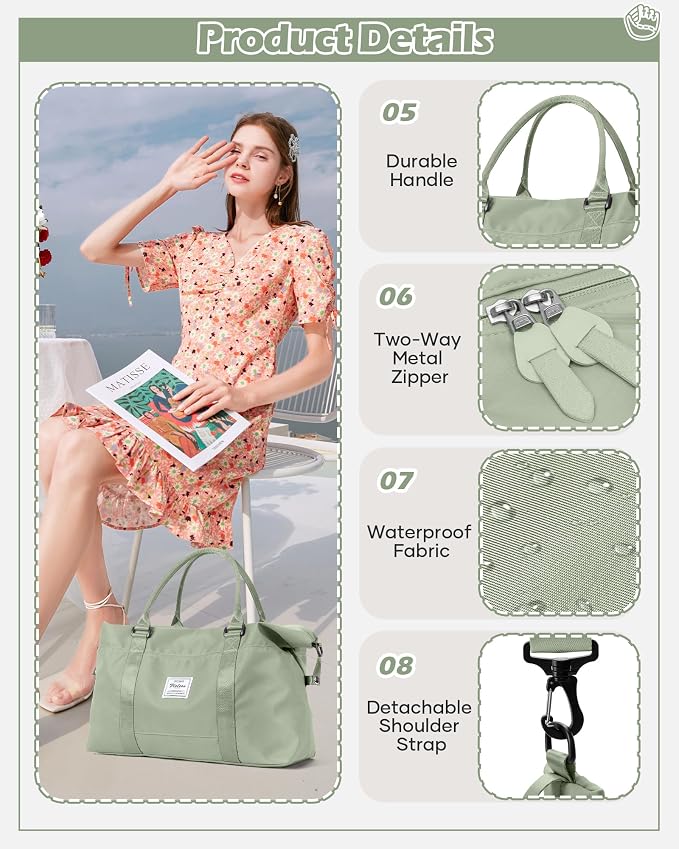 Travel Duffel Bags for Women Mens Waterproof Weekender Carry on Bag Sports Gym Bag Travel Tote Bags with Wet Pocket Overnight Bag Workout Duffel Bags with Trolley Sleeve Grey Green