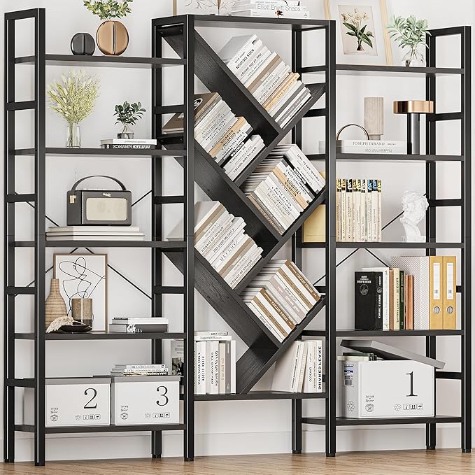 INNOD 70x70” Triple 5 Tier Book Shelf, Large Wooden Bookcase with 17 Open Display Shelf, Modern Tree Bookshelf Metal Frame Tall Book Case Furniture for Living Room Bedroom Home Office Black