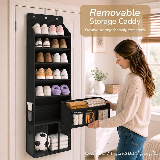3in1 Over The Door Shoe Organizer with 5 Slanted Compartments,Removable Storage Bin & Transparent Pockets,Thickened Waterproof Oxford Fabric Shoes Rack for Shoes,Boots,Toys,Daily Essentials. (Black)