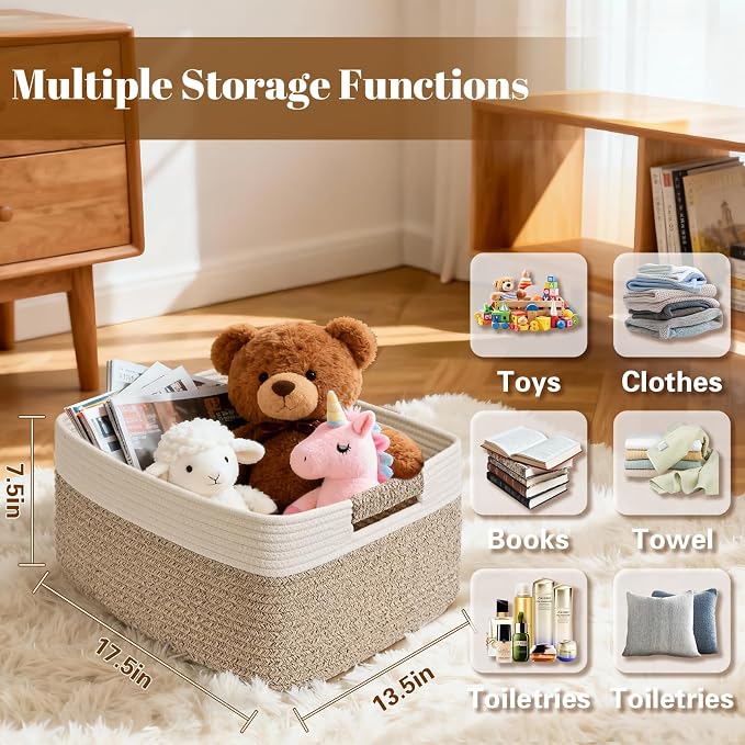 3 Pack Large Storage Basket for Organizing, 17.5"x13"x7" Woven Basket for Shelves, Closet Cube Storage Bins with Wrapped Handle, Cotton Rope Baskets for Kitchen, Clothes, Toys(Off White & Brown)