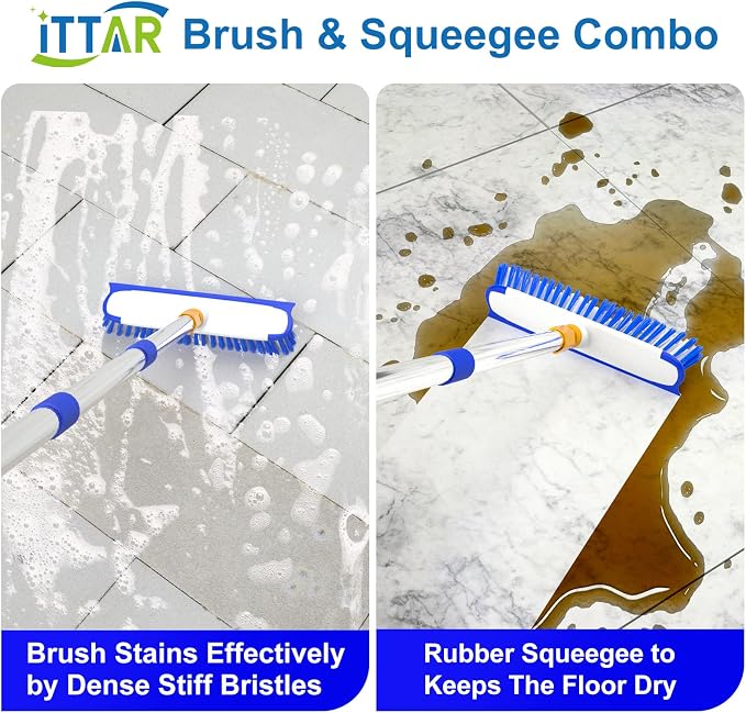 ITTAR 55" Extendable Floor Scrub Brush, 12" Wide Heavy-Duty 2-in-1 Scrub & Squeegee Deck Brush for Tile Grout Shower Floor, Kitchen, Restaurant, Patio & Garage Cleaning