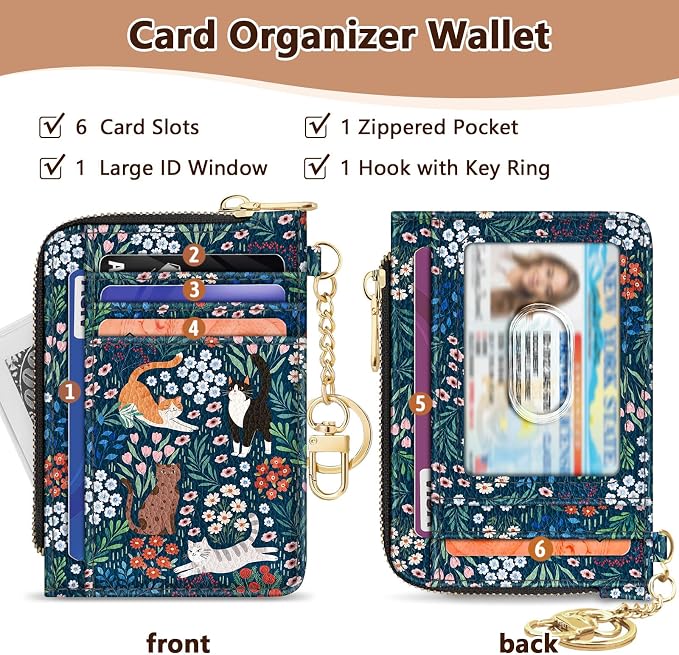 Giancomics Slim Wallet Credit Card Holder Women, Cute Cats Flowers Rfid Blocking Small Card Case, Keychain Thin Pocket Curved Zipper Wallet, Travel Card Holder PU Leather ID Window, Ladies Female Gift