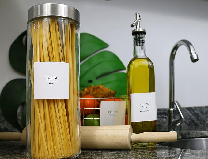 Pantry Labels - Waterproof Minimalist Preprinted Canister Labels for Food Containers - Plastic and Glass - White Vinyl - Set of 1
