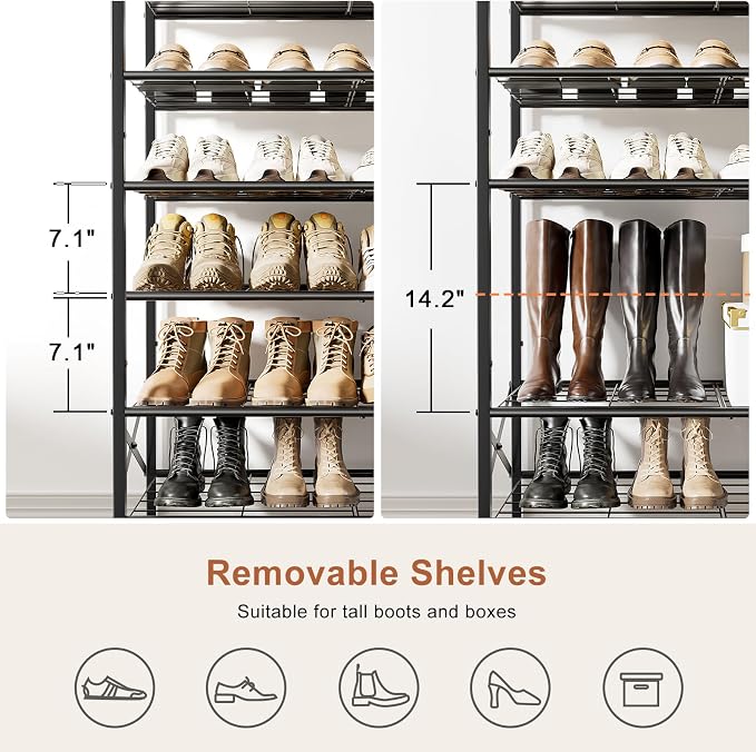 10-Tier Tall Shoe Rack Organizer Shoe Storage for Entryway 30-40 Pairs Metal Shoe Rack for Closet Heavy-Duty Shoe Rack with Wooden Top Shelf for Garage Rustic Brown