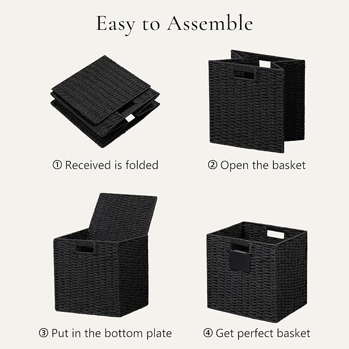 UBBCARE 4 Pack Wicker Basket, 13×13 Storage Cubes with Label, Foldable Cube Storage Bin with Handle, Square Storage Basket for Shelves, Woven Paper Rope Basket for Organizing, Black