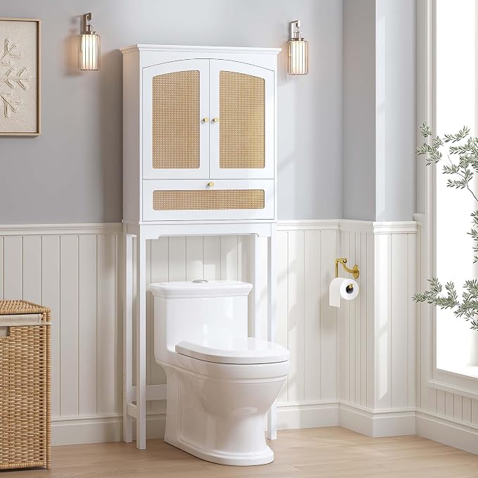Spirich Over the Toilet Storage Cabinet with Arched Rattan Doors, White | Tilt-Out Storage Cube, Adjustable Shelf, 33-Inch Clearance, Anti-Tip Bracket, Freestanding Bathroom Organizer for Toiletries