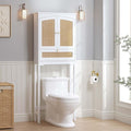 Spirich Over the Toilet Storage Cabinet with Arched Rattan Doors, White | Tilt-Out Storage Cube, Adjustable Shelf, 33-Inch Clearance, Anti-Tip Bracket, Freestanding Bathroom Organizer for Toiletries