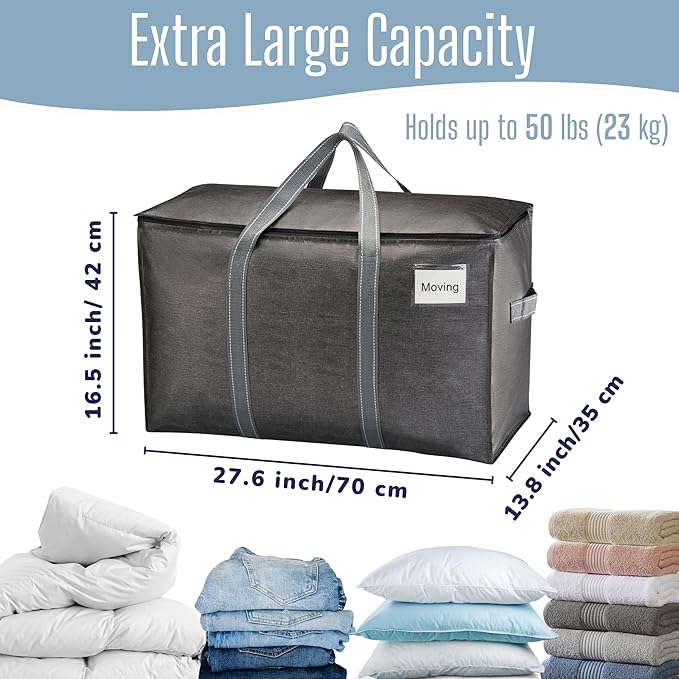 VENO 4 Pack Heavy Duty Moving Bags, Extra Large Storage Bags with Reinforced Handles & Strong Zippers, Foldable & Reusable Moving Box Alternative for Clothes & Dorm Storage